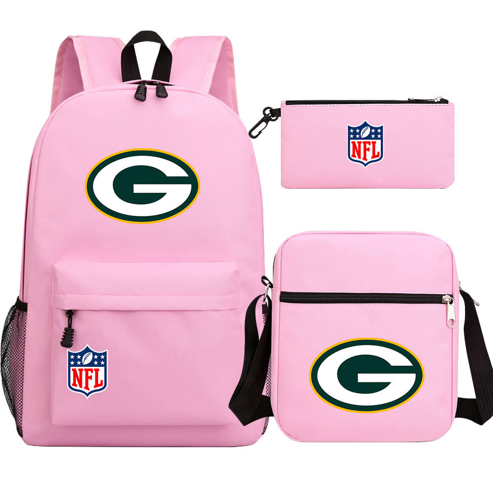 Green Bay Packers Football Team Printed Schoolbag Backpack Shoulder Bag Pencil Bag 3pcs set for Kids Students