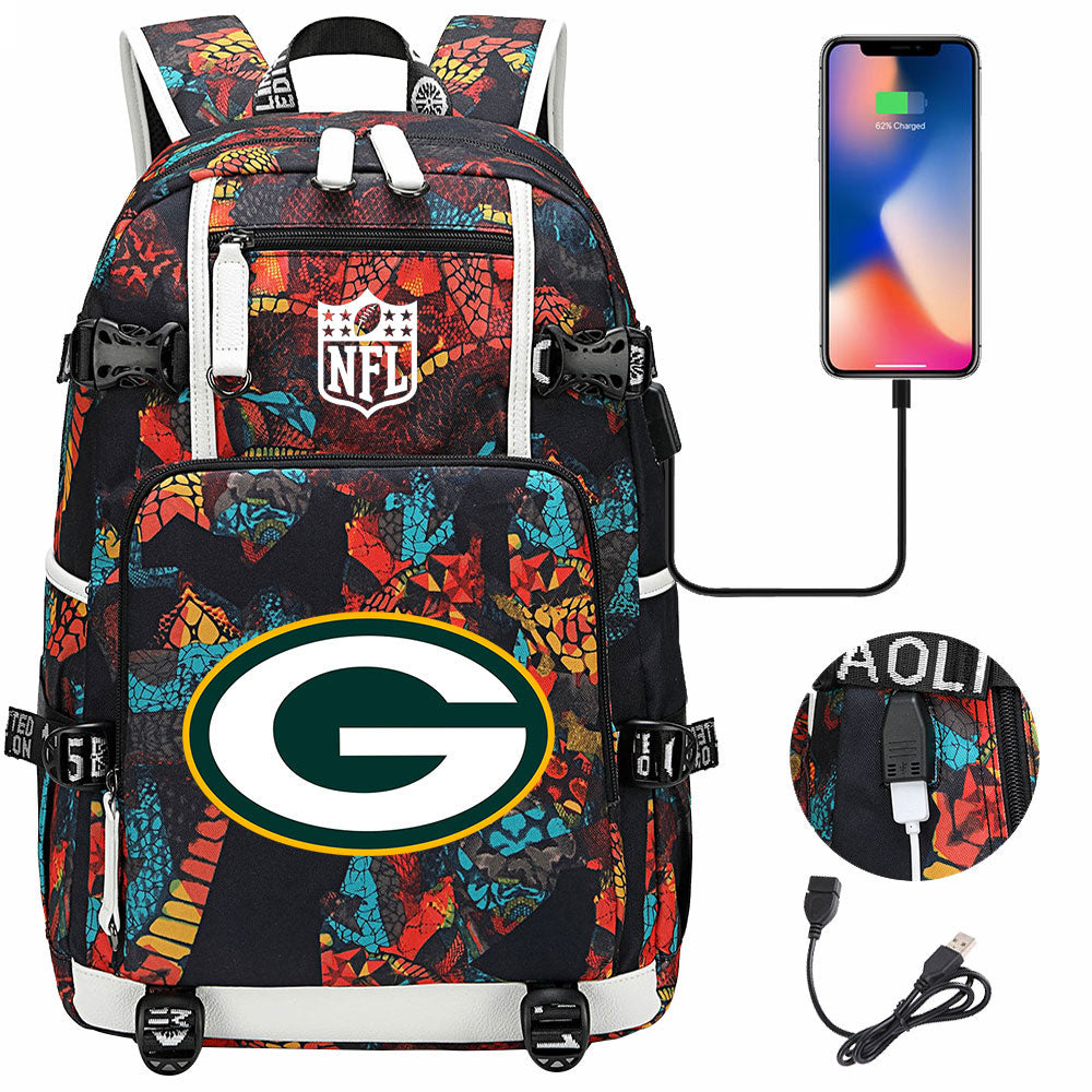 Green Bay Packers Football Team USB Charging Backpack School Notebook Travel Bags