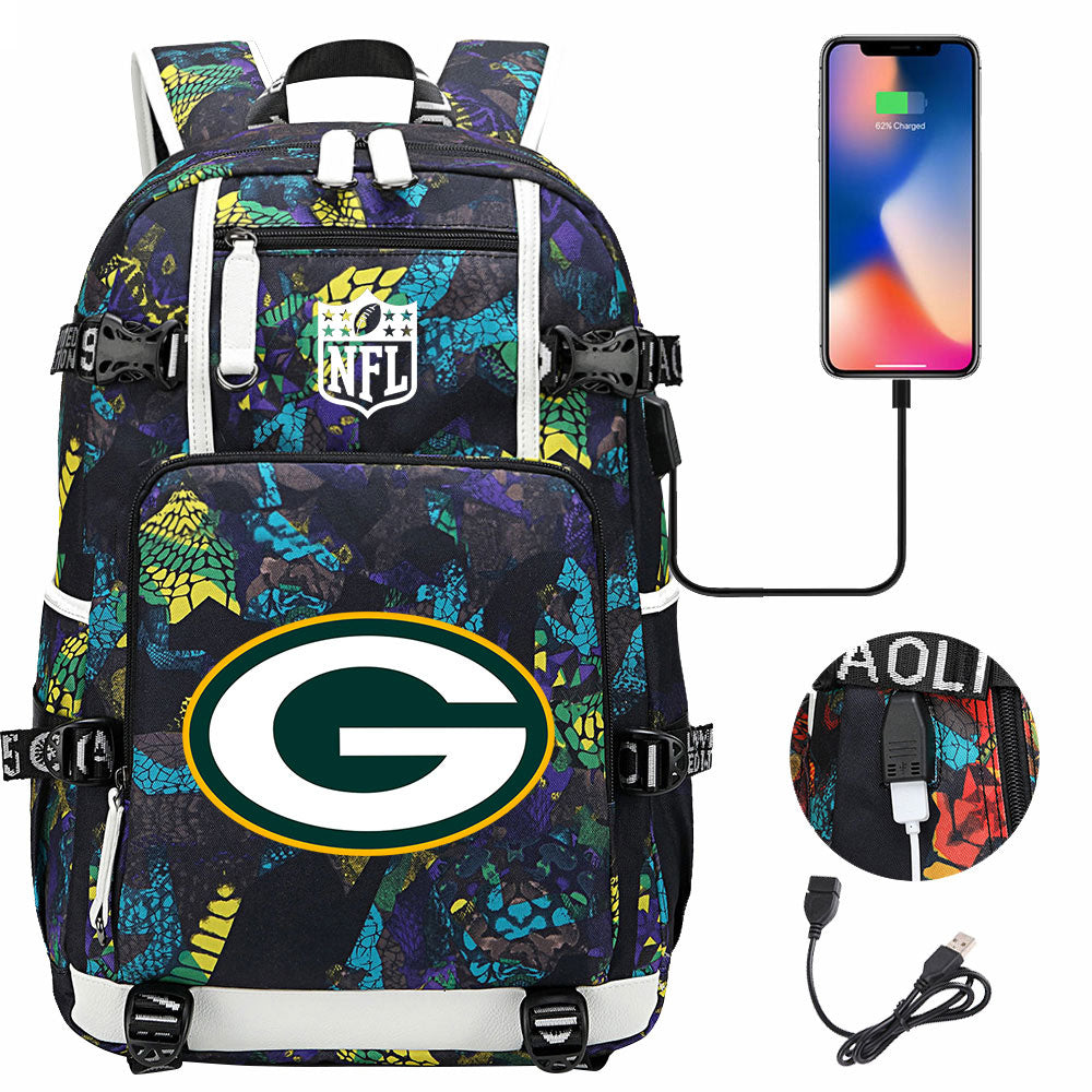 Green Bay Packers Football Team USB Charging Backpack School Notebook Travel Bags