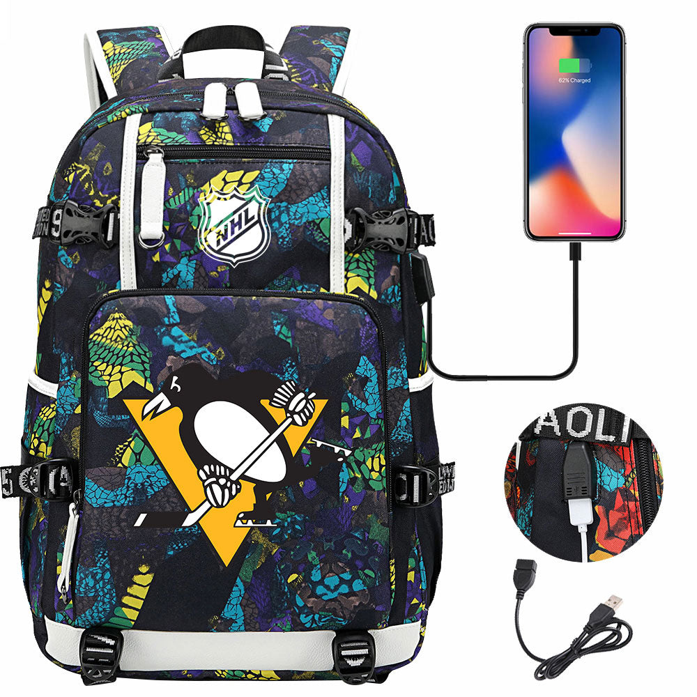 Pittsburgh Penguins Hockey League USB Charging Backpack School Notebook Travel Bags