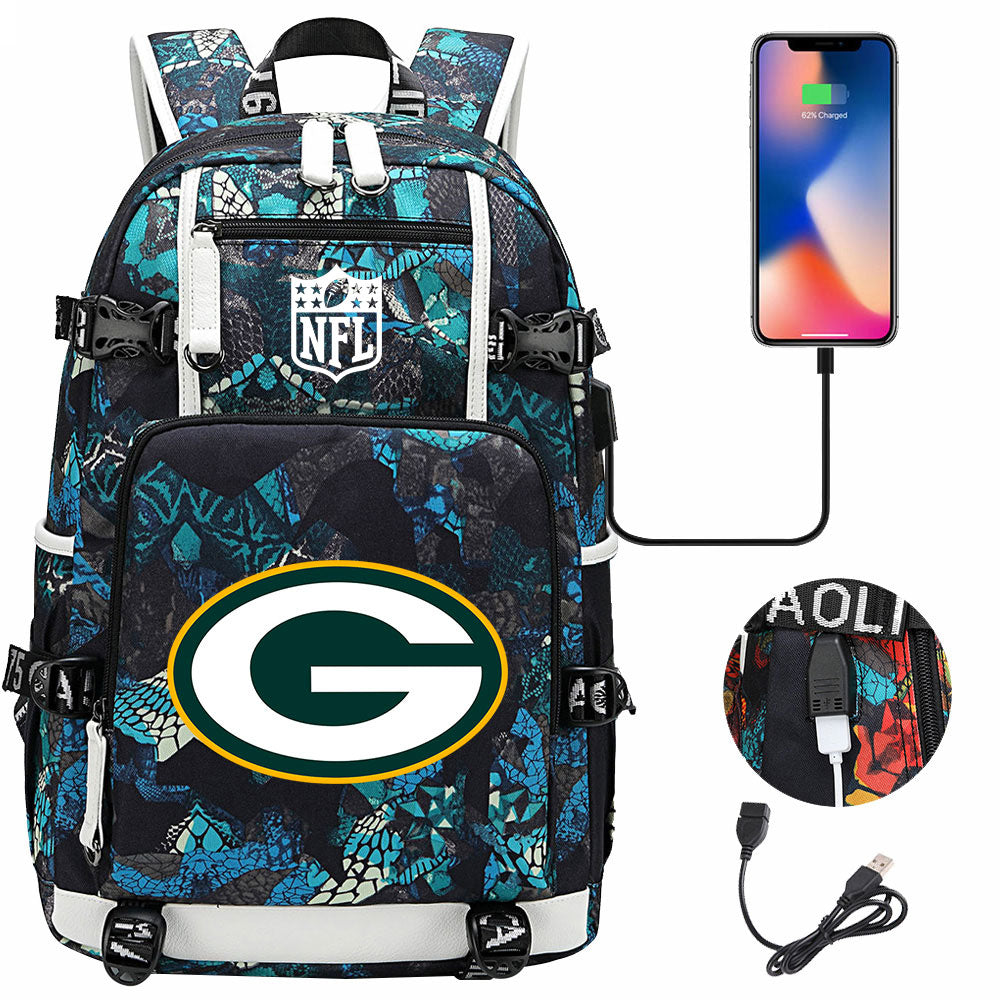 Green Bay Packers Football Team USB Charging Backpack School Notebook Travel Bags