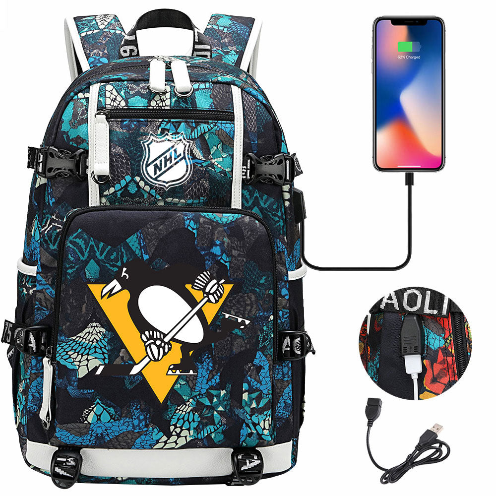 Pittsburgh Penguins Hockey League USB Charging Backpack School Notebook Travel Bags