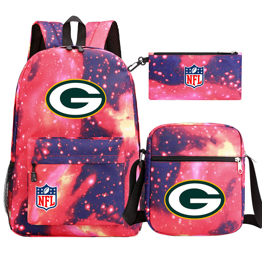 Green Bay Packers Football Team Printed Schoolbag Backpack Shoulder Bag Pencil Bag 3pcs set for Kids Students