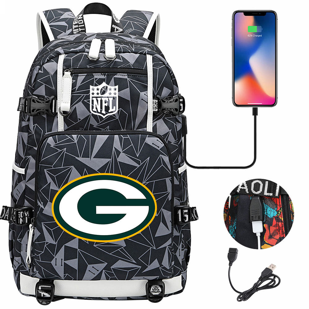 Green Bay Packers Football Team USB Charging Backpack School Notebook Travel Bags