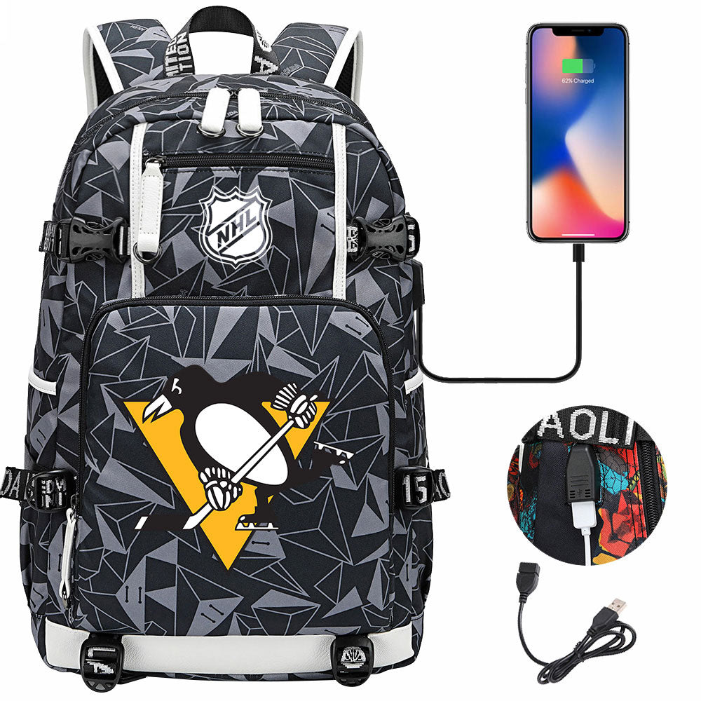 Pittsburgh Penguins Hockey League USB Charging Backpack School Notebook Travel Bags