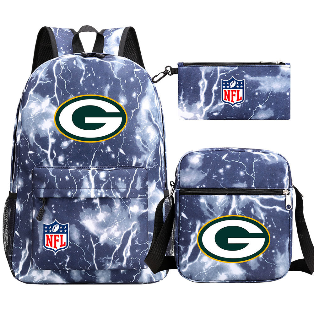 Green Bay Packers Football Team Printed Schoolbag Backpack Shoulder Bag Pencil Bag 3pcs set for Kids Students