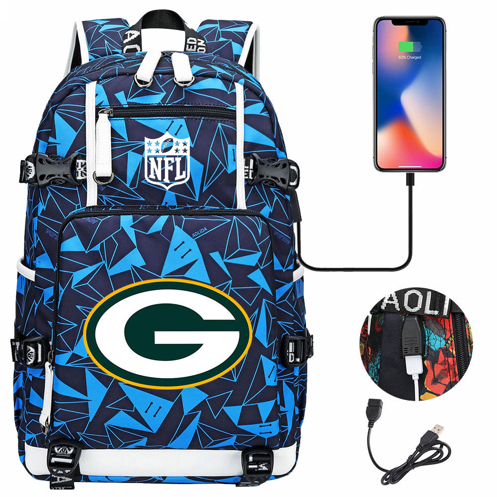 Green Bay Packers Football Team USB Charging Backpack School Notebook Travel Bags