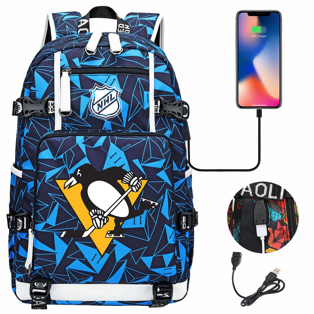 Pittsburgh Penguins Hockey League USB Charging Backpack School Notebook Travel Bags