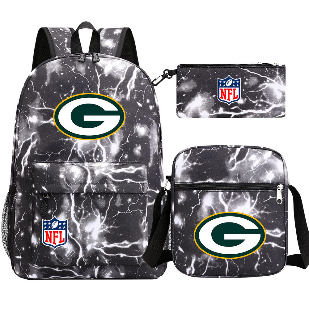 Green Bay Packers Football Team Printed Schoolbag Backpack Shoulder Bag Pencil Bag 3pcs set for Kids Students