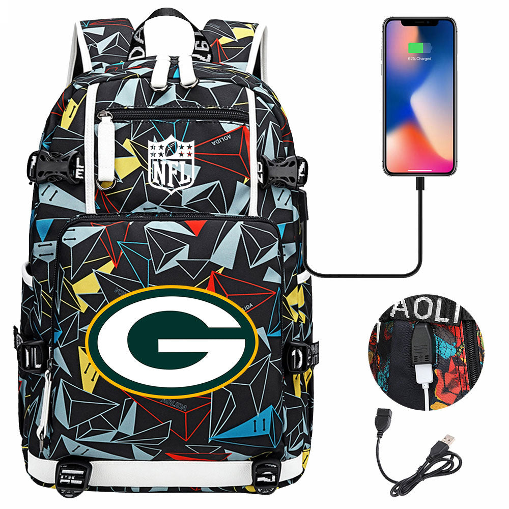 Green Bay Packers Football Team USB Charging Backpack School Notebook Travel Bags