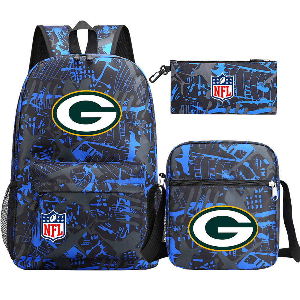 Green Bay Packers Football Team Printed Schoolbag Backpack Shoulder Bag Pencil Bag 3pcs set for Kids Students