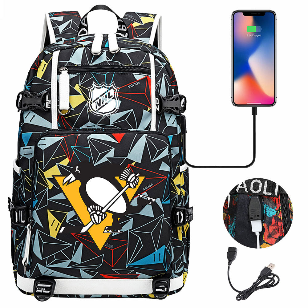 Pittsburgh Penguins Hockey League USB Charging Backpack School Notebook Travel Bags