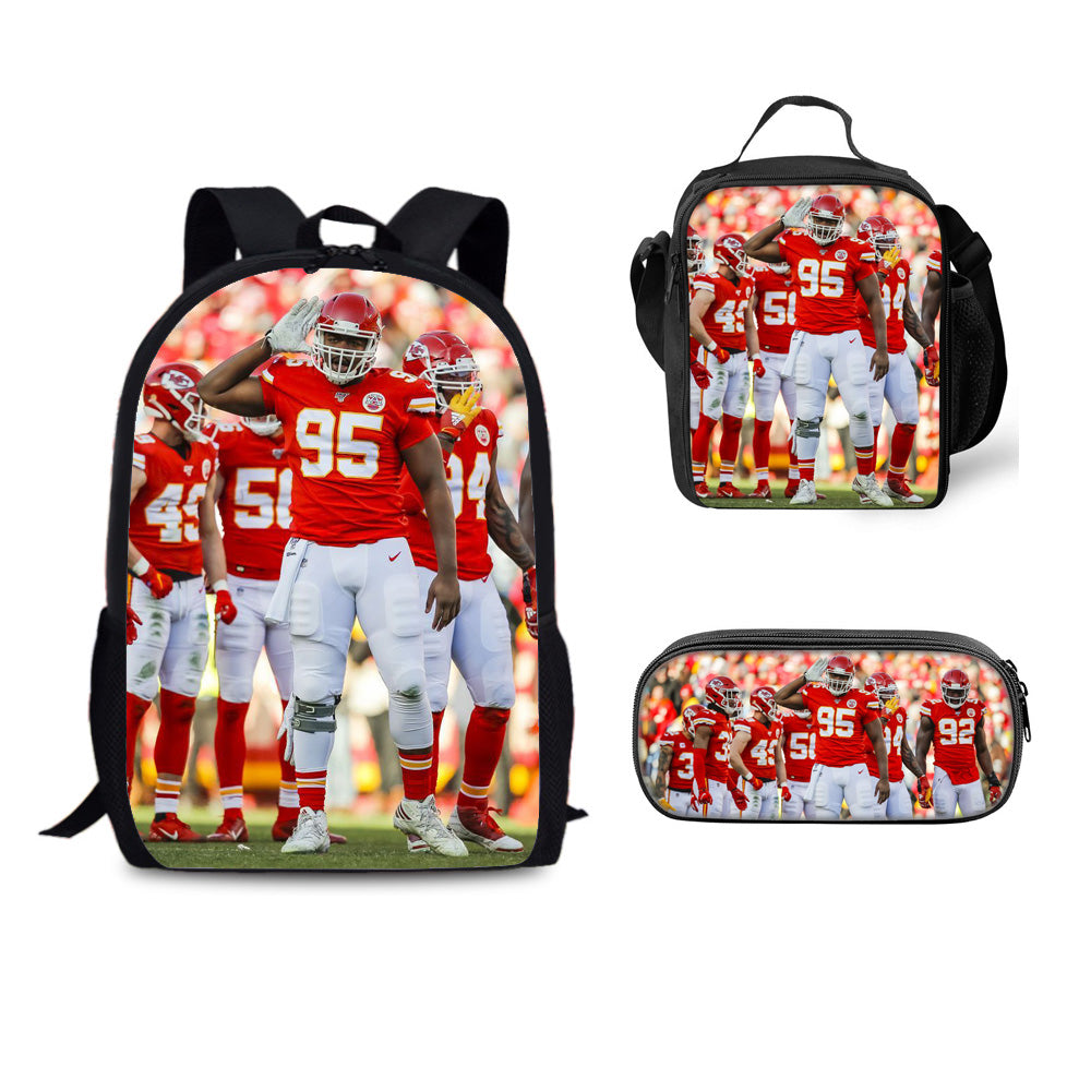 Kansas City Chiefs Football Team Full Printed Backpack Schoolbag Travel Notebook Bag Lunch Bag Pencil Bag for Kids Students 3PCS