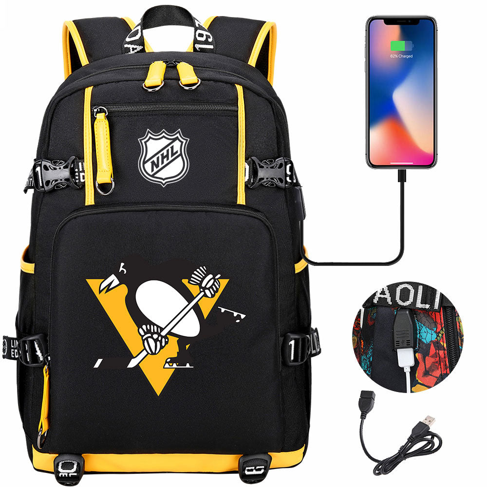 Pittsburgh Penguins Hockey League USB Charging Backpack School Notebook Travel Bags