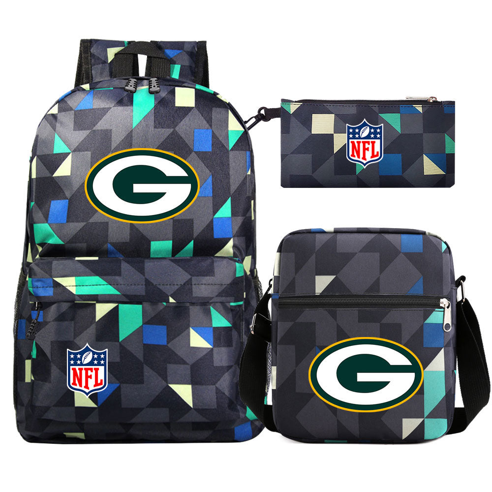 Green Bay Packers Football Team Printed Schoolbag Backpack Shoulder Bag Pencil Bag 3pcs set for Kids Students