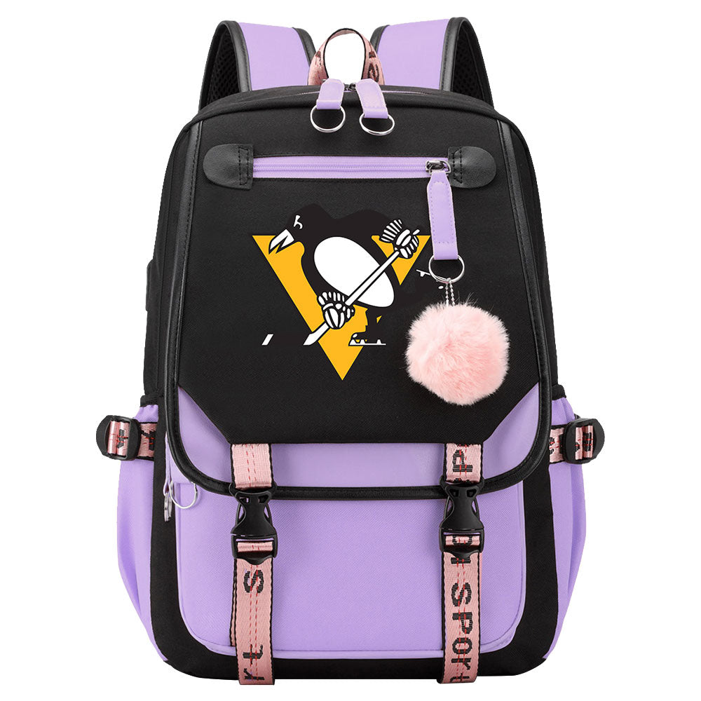 Pittsburgh Penguins Hockey League Waterproof Backpack School Notebook Travel Bag USB Charging