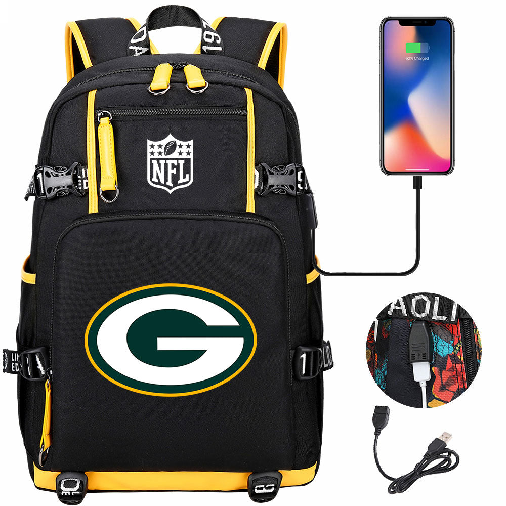 Green Bay Packers Football Team USB Charging Backpack School Notebook Travel Bags