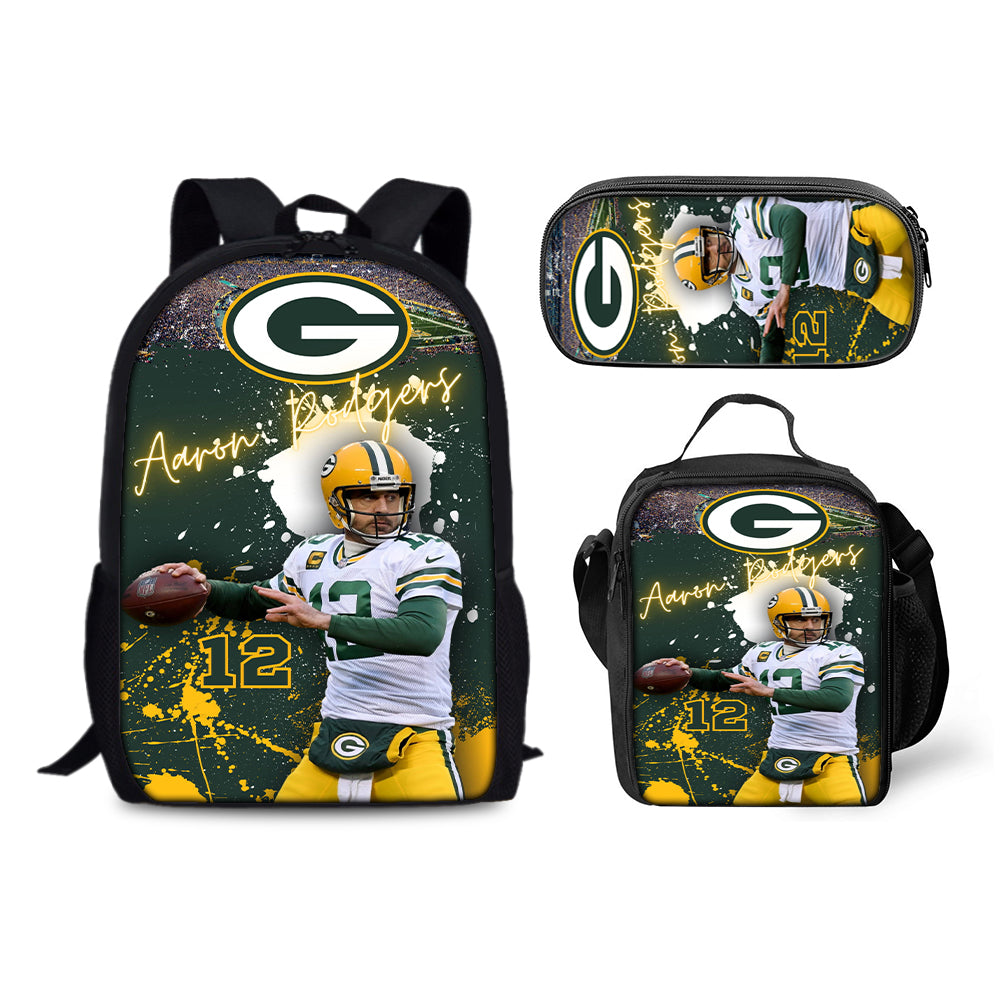 Green Bay Packers Football Team Backpack Schoolbag Lunch Bag Pencil Bag for Kids Students 3PCS