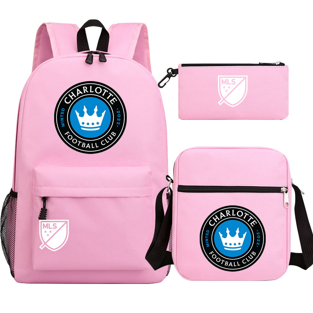 Charlotte Soccer Printed Schoolbag Backpack Shoulder Bag Pencil Bag 3pcs set for Kids Students