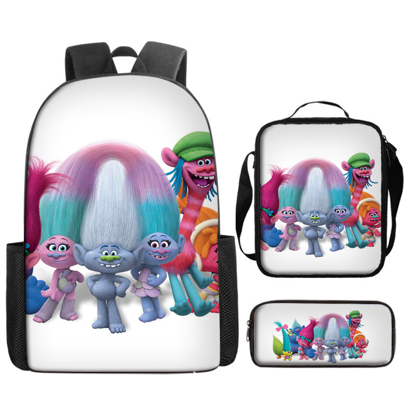 Trolls Full Printed Backpack Schoolbag Travel Notebook Bag Lunch Bag Pencil Bag for Kids Students 3PCS