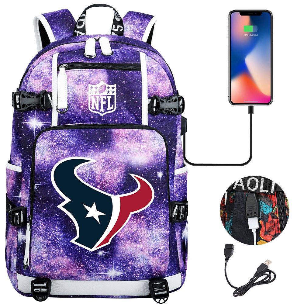 Houston Texans  Football Team USB Charging Backpack School Notebook Travel Bags