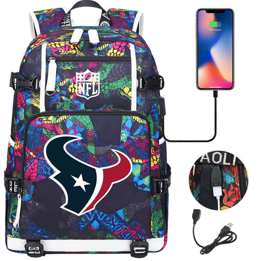 Houston Texans  Football Team USB Charging Backpack School Notebook Travel Bags