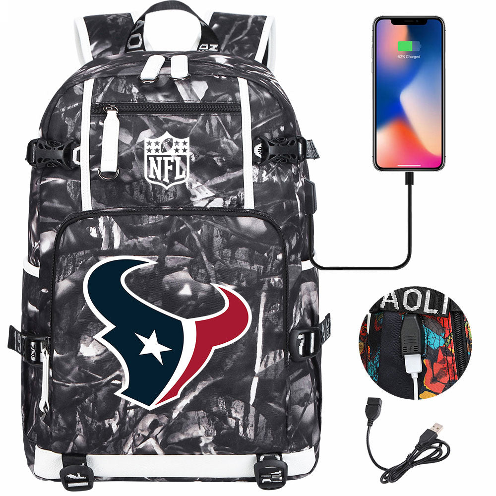 Houston Texans  Football Team USB Charging Backpack School Notebook Travel Bags