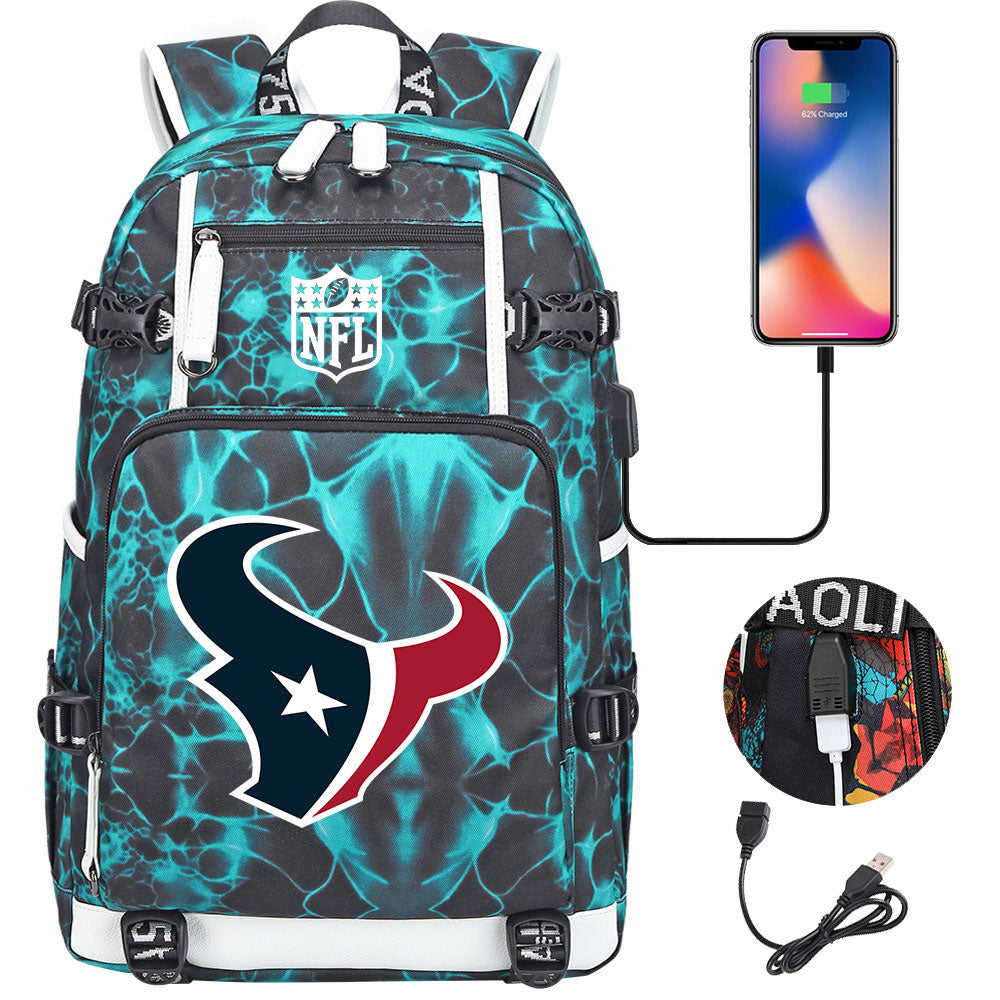 Houston Texans  Football Team USB Charging Backpack School Notebook Travel Bags