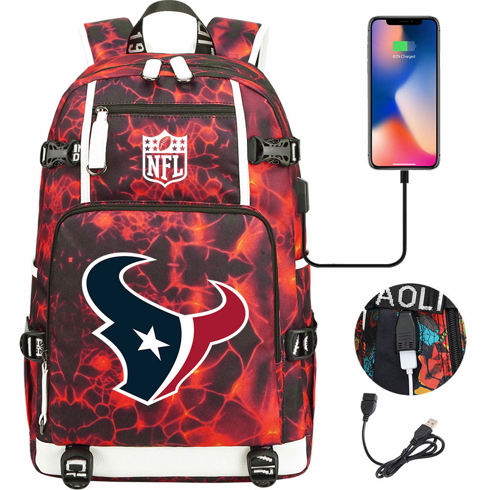 Houston Texans  Football Team USB Charging Backpack School Notebook Travel Bags