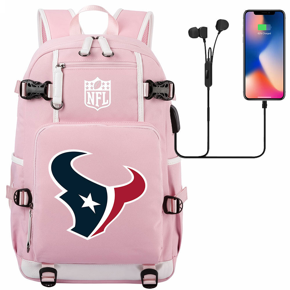 Houston Texans  Football Team USB Charging Backpack School Notebook Travel Bags