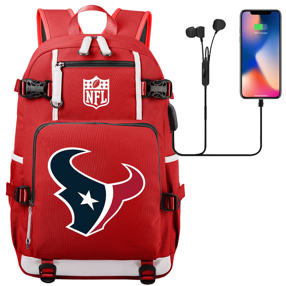 Houston Texans  Football Team USB Charging Backpack School Notebook Travel Bags