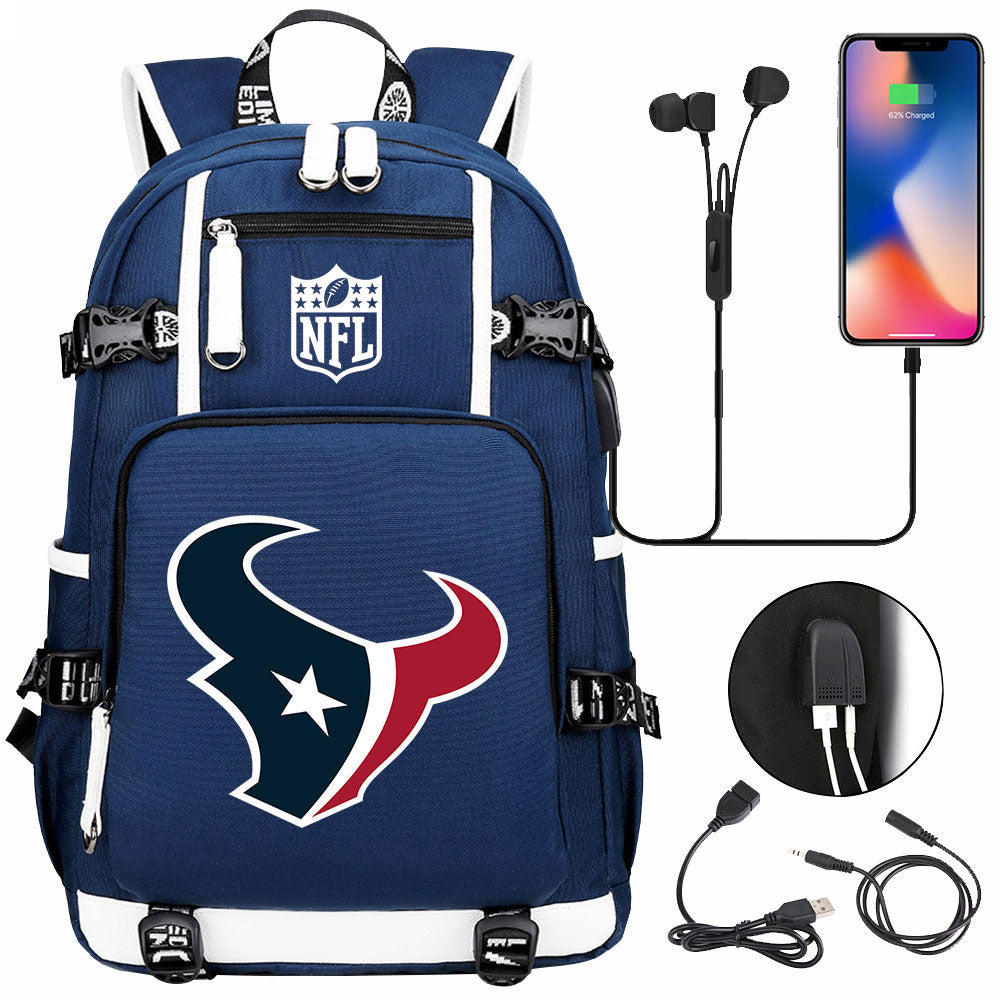 Houston Texans  Football Team USB Charging Backpack School Notebook Travel Bags