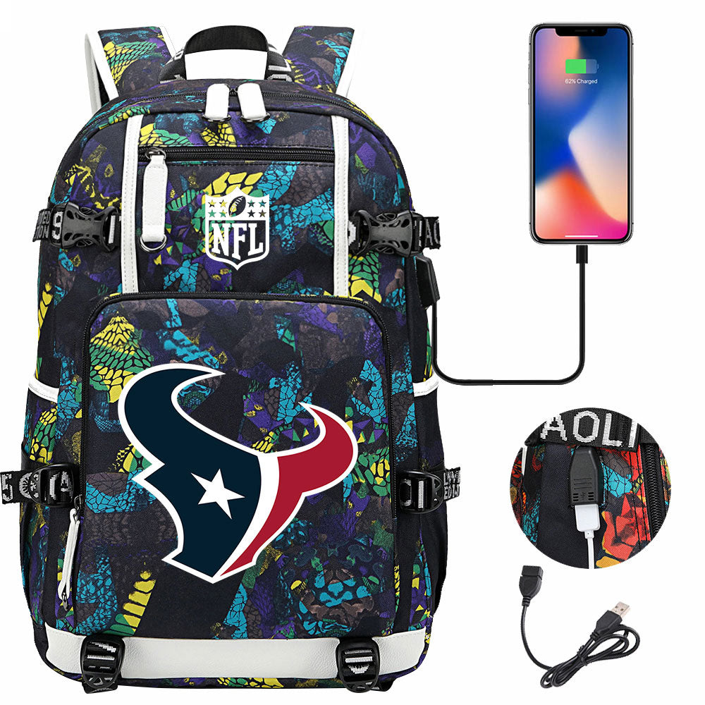 Houston Texans  Football Team USB Charging Backpack School Notebook Travel Bags