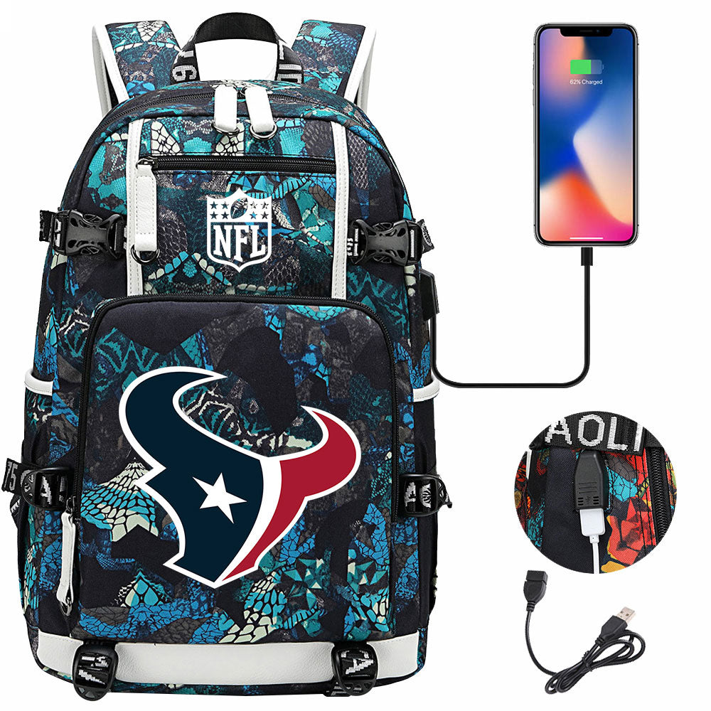 Houston Texans  Football Team USB Charging Backpack School Notebook Travel Bags