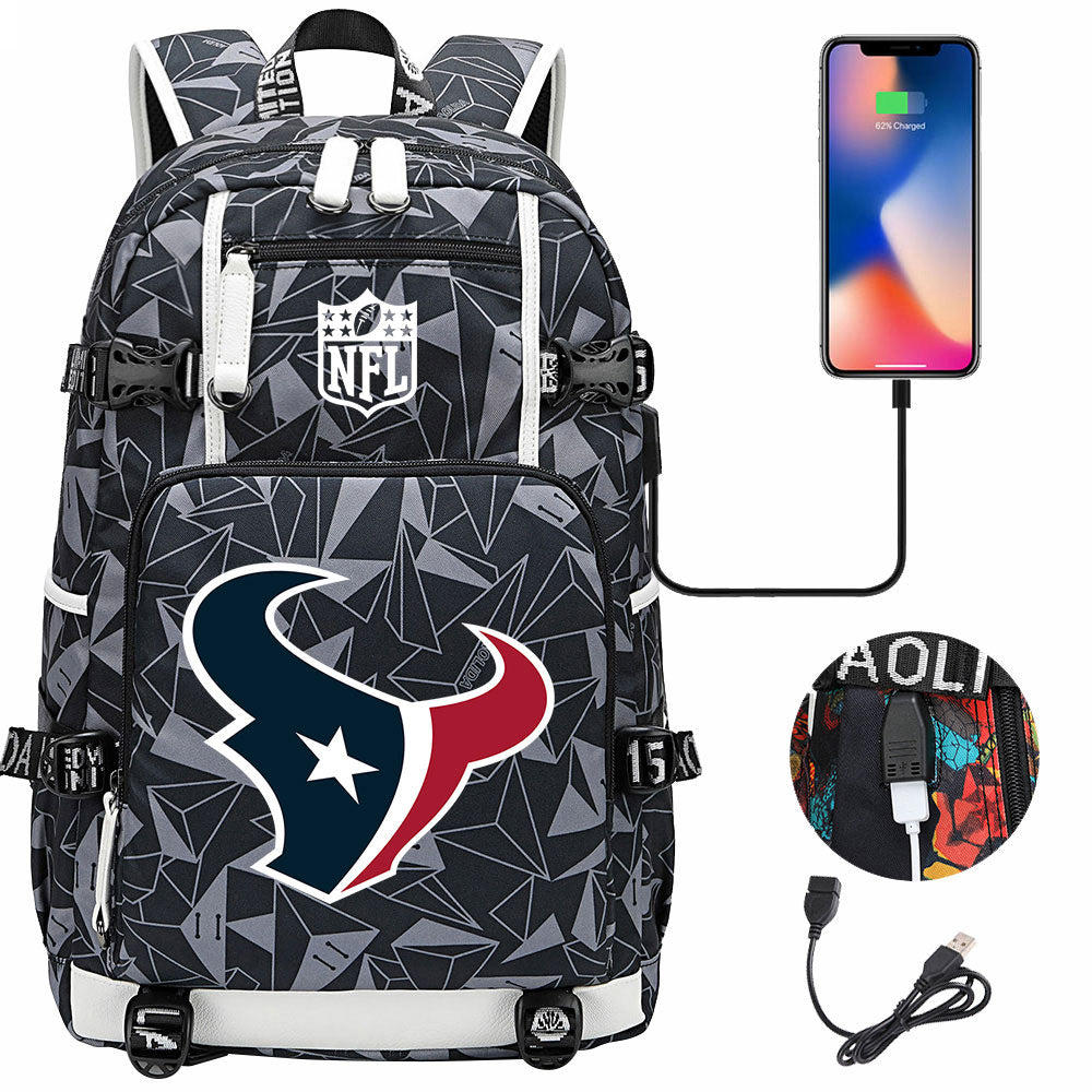 Houston Texans  Football Team USB Charging Backpack School Notebook Travel Bags