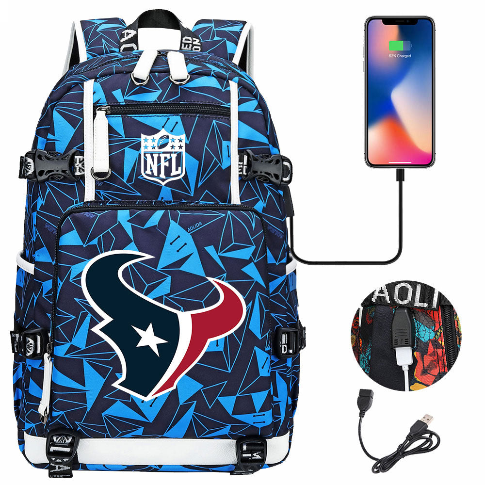 Houston Texans  Football Team USB Charging Backpack School Notebook Travel Bags