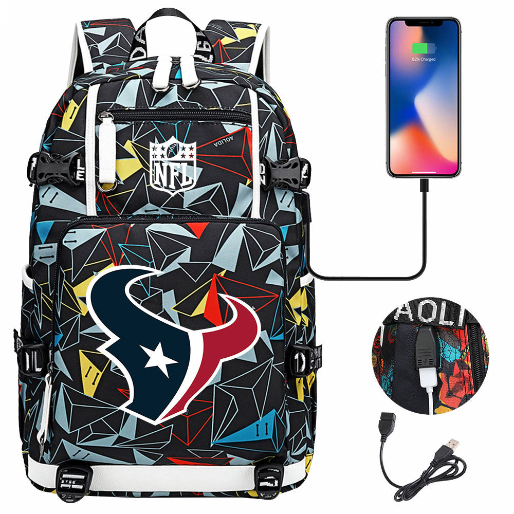 Houston Texans  Football Team USB Charging Backpack School Notebook Travel Bags