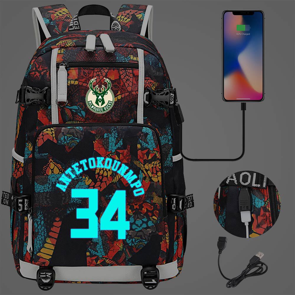 Milwaukee Basketball Bucks USB Charging Backpack School Notebook Travel Bags