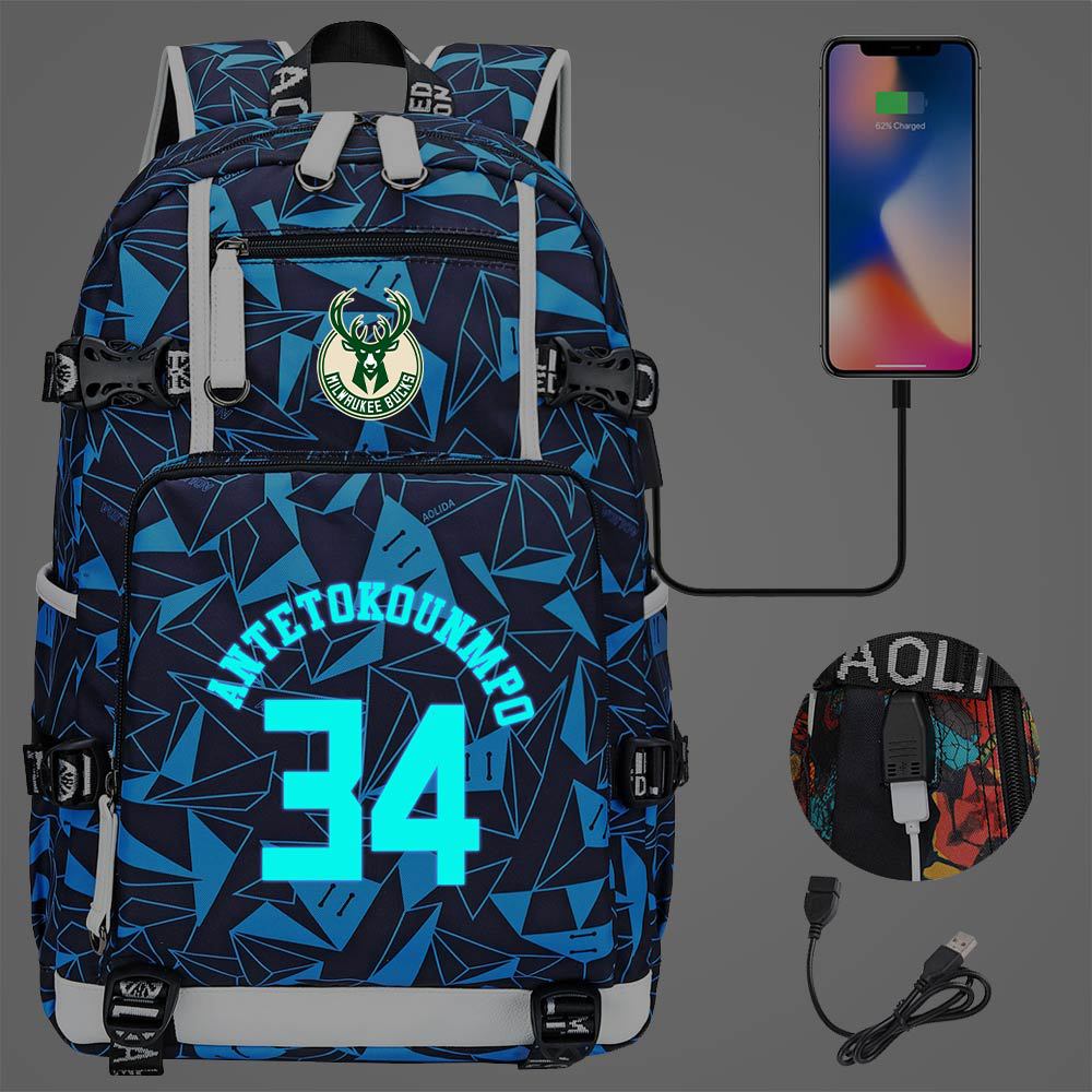 Milwaukee Basketball Bucks USB Charging Backpack School Notebook Travel Bags