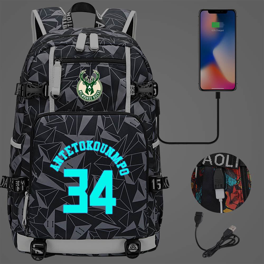 Milwaukee Basketball Bucks USB Charging Backpack School Notebook Travel Bags