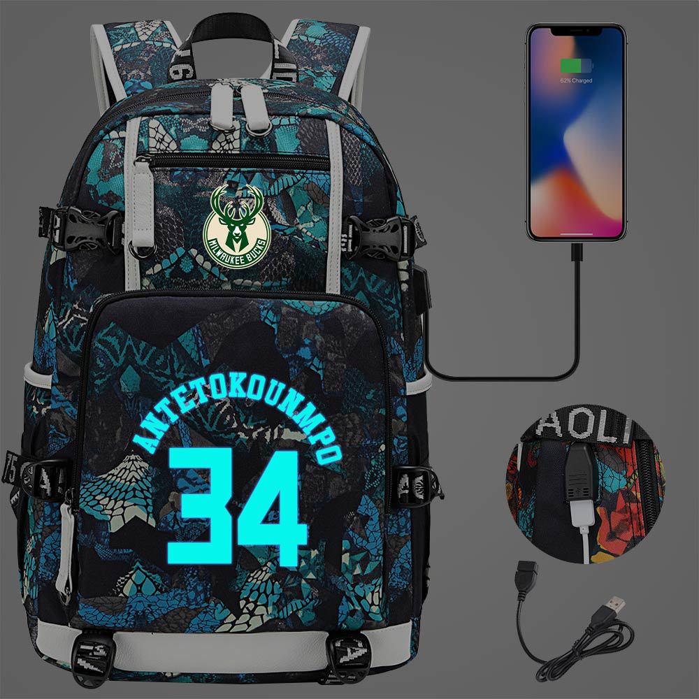 Milwaukee Basketball Bucks USB Charging Backpack School Notebook Travel Bags