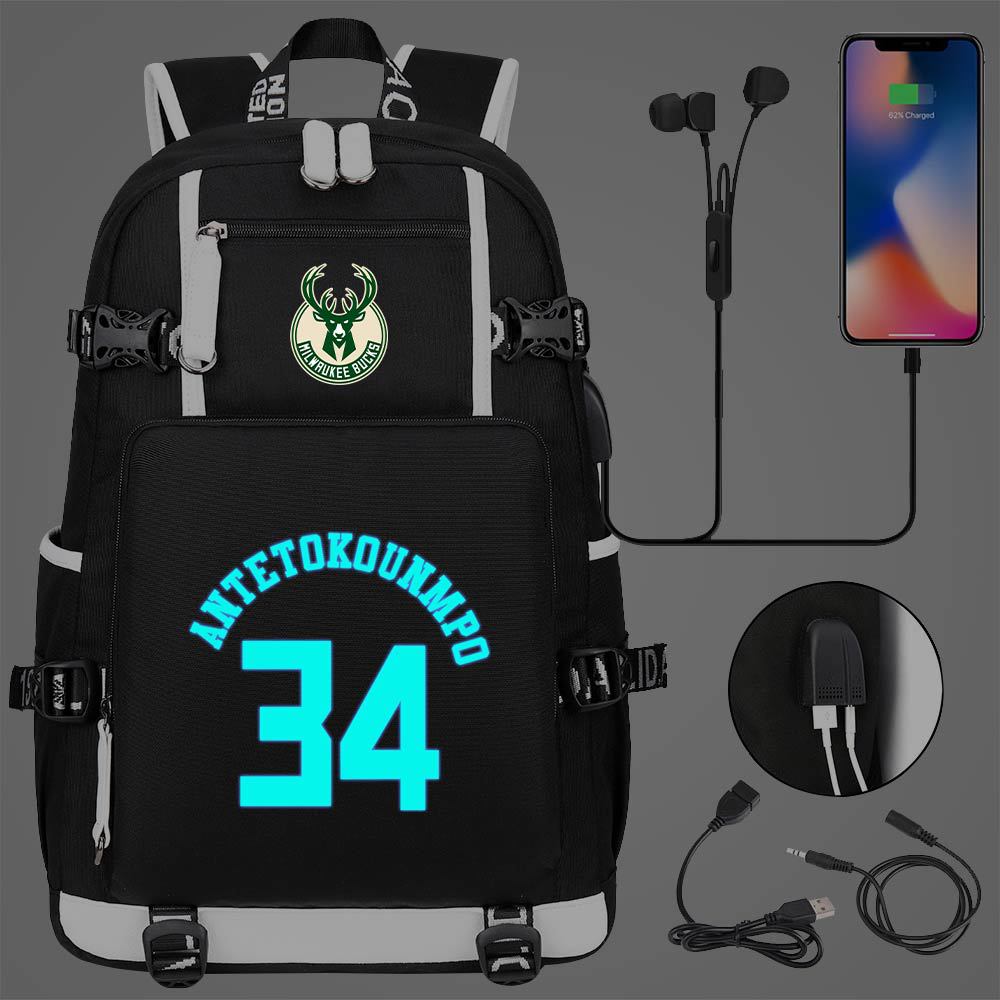 Milwaukee Basketball Bucks USB Charging Backpack School Notebook Travel Bags