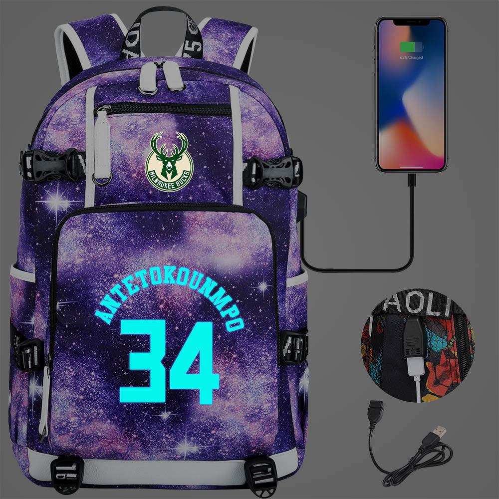 Milwaukee Basketball Bucks USB Charging Backpack School Notebook Travel Bags