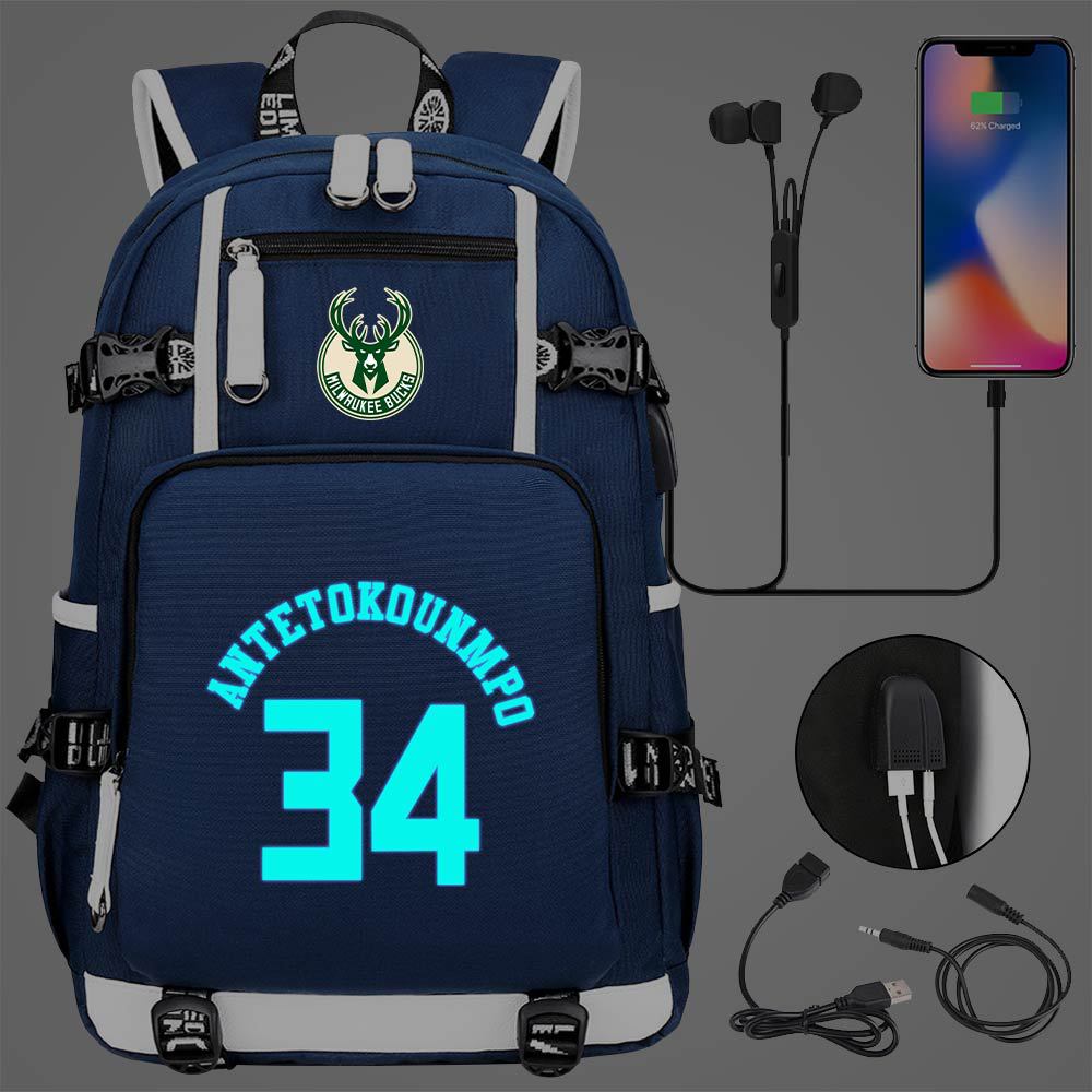 Milwaukee Basketball Bucks USB Charging Backpack School Notebook Travel Bags