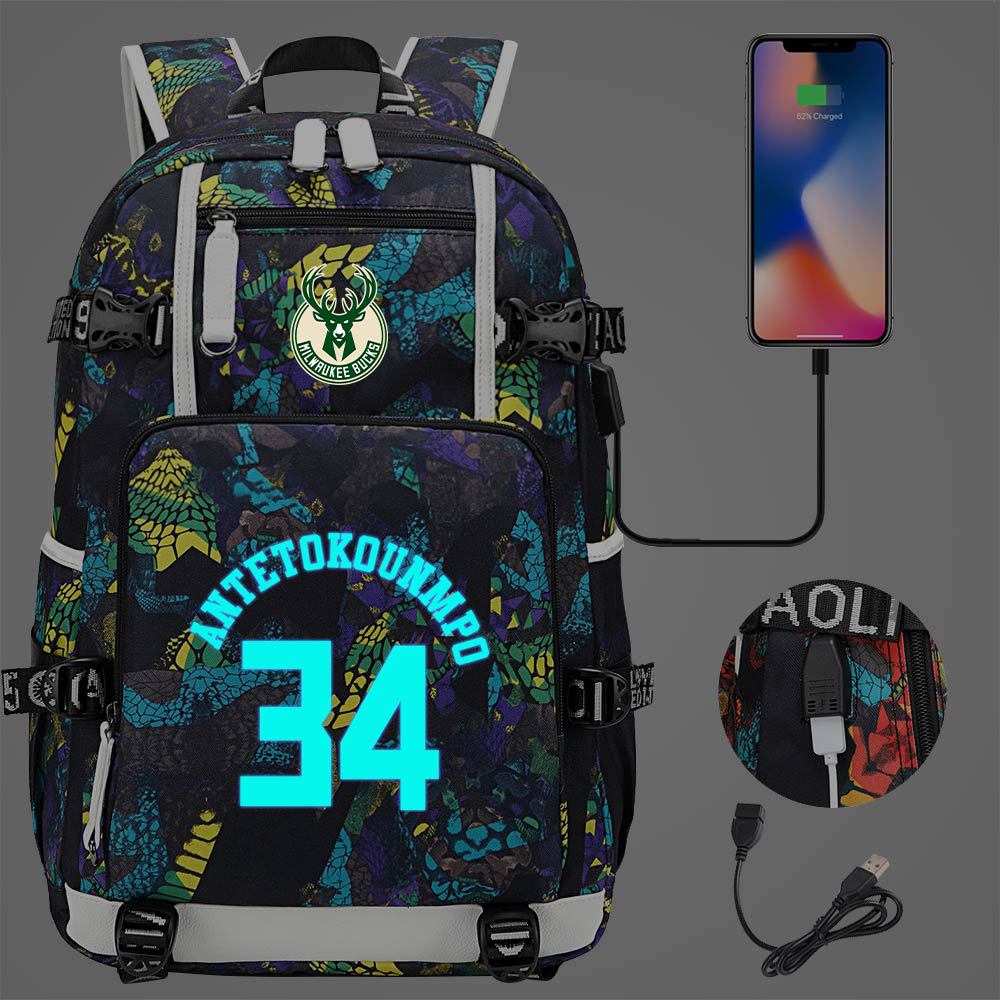 Milwaukee Basketball Bucks USB Charging Backpack School Notebook Travel Bags