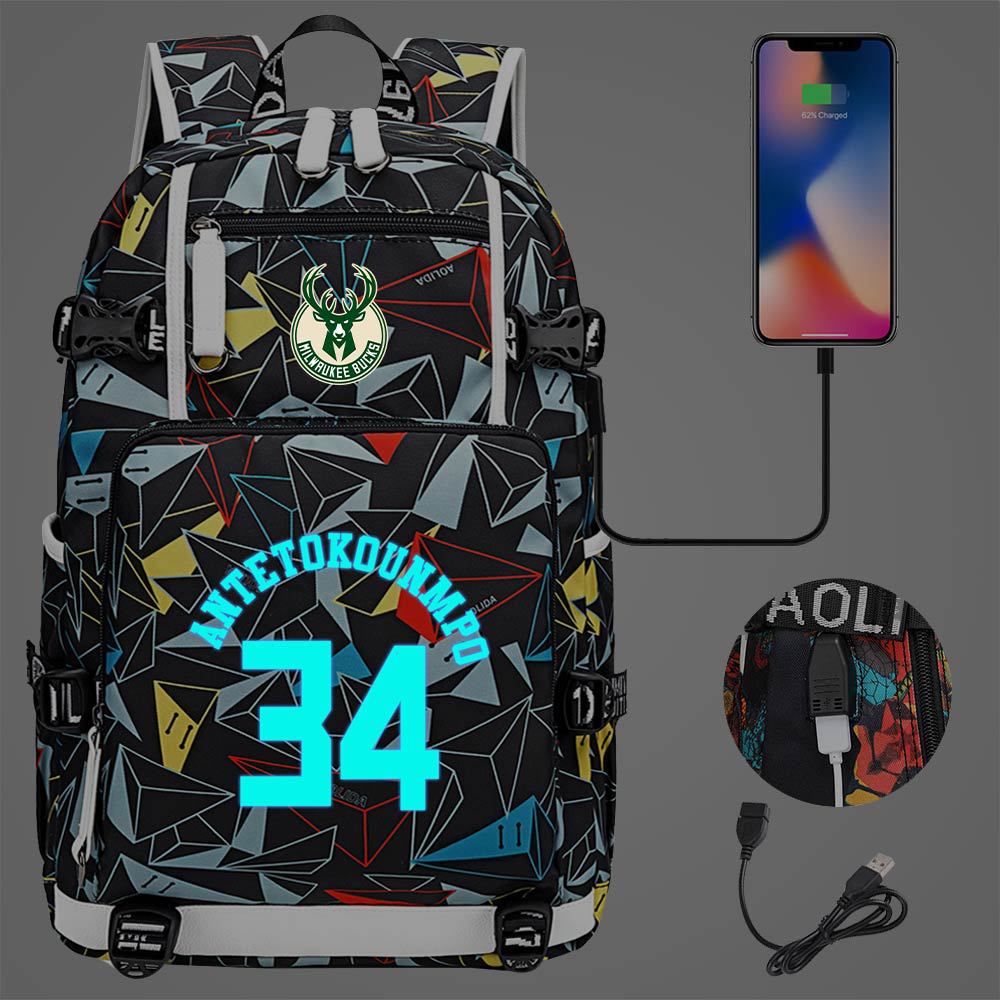 Milwaukee Basketball Bucks USB Charging Backpack School Notebook Travel Bags