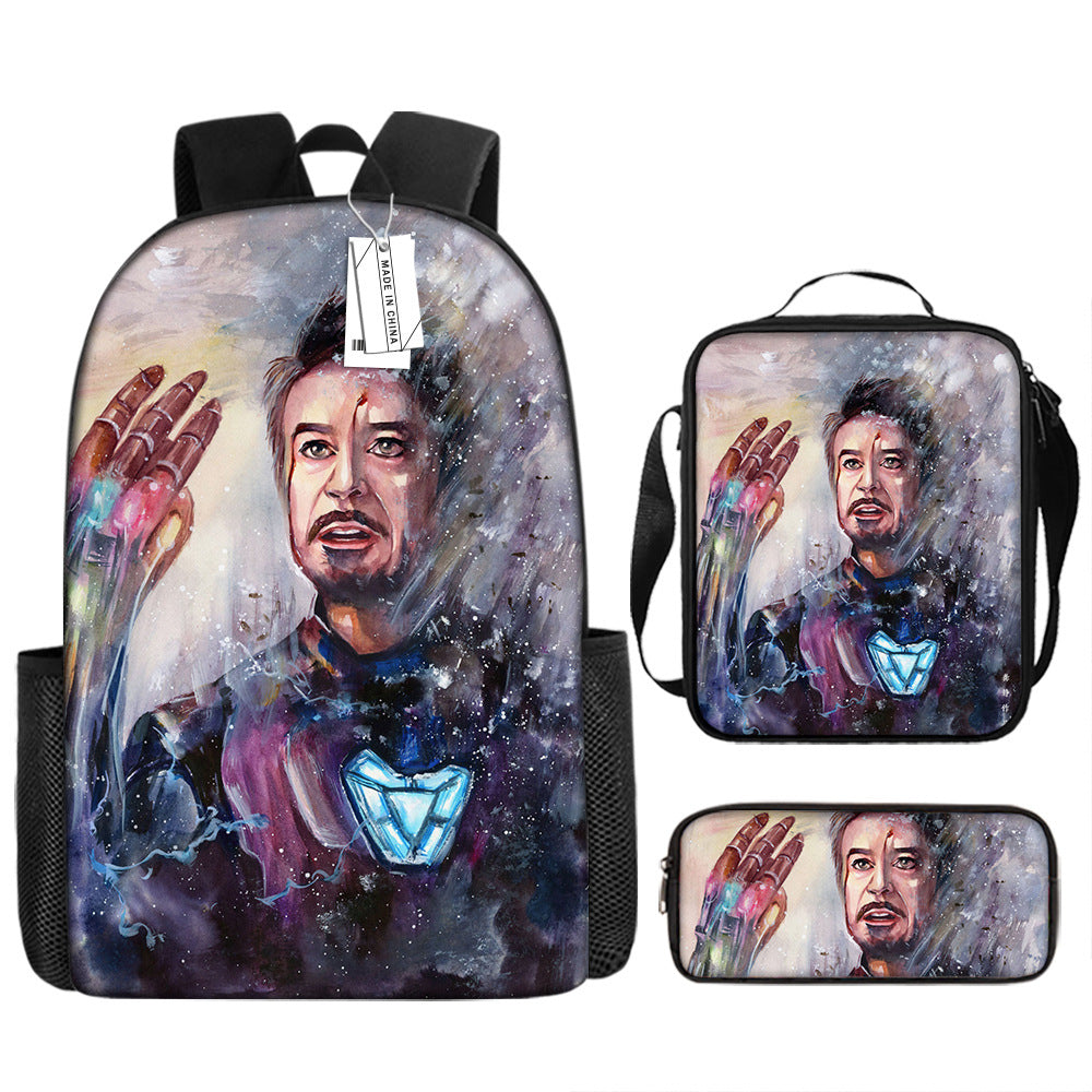 Iron Man Full Printed Backpack Schoolbag Travel Notebook Bag Lunch Bag Pencil Bag for Kids Students 3PCS