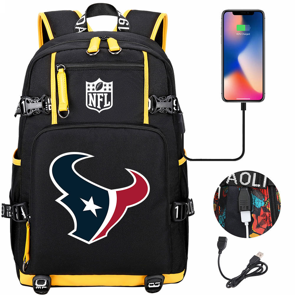 Houston Texans  Football Team USB Charging Backpack School Notebook Travel Bags