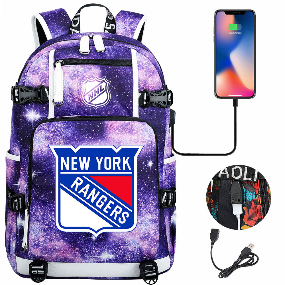 New York Rangers Hockey League USB Charging Backpack School Notebook Travel Bags