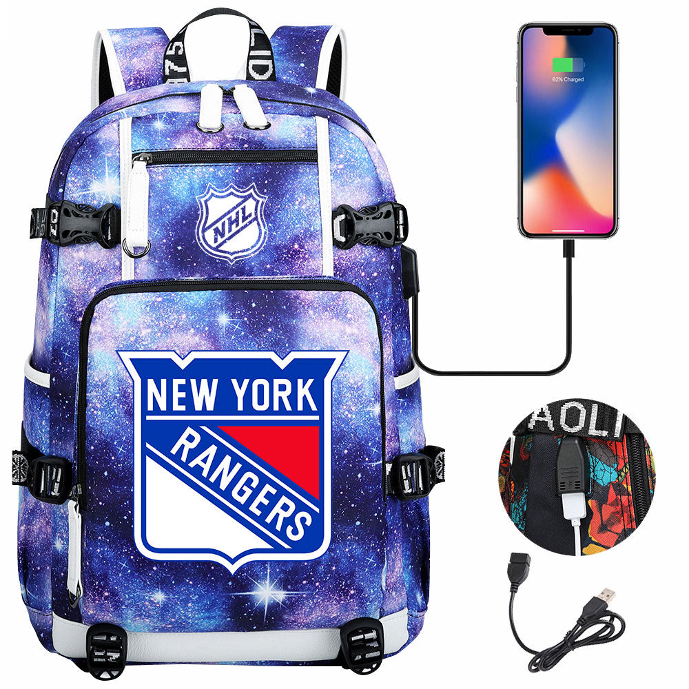 New York Rangers Hockey League USB Charging Backpack School Notebook Travel Bags